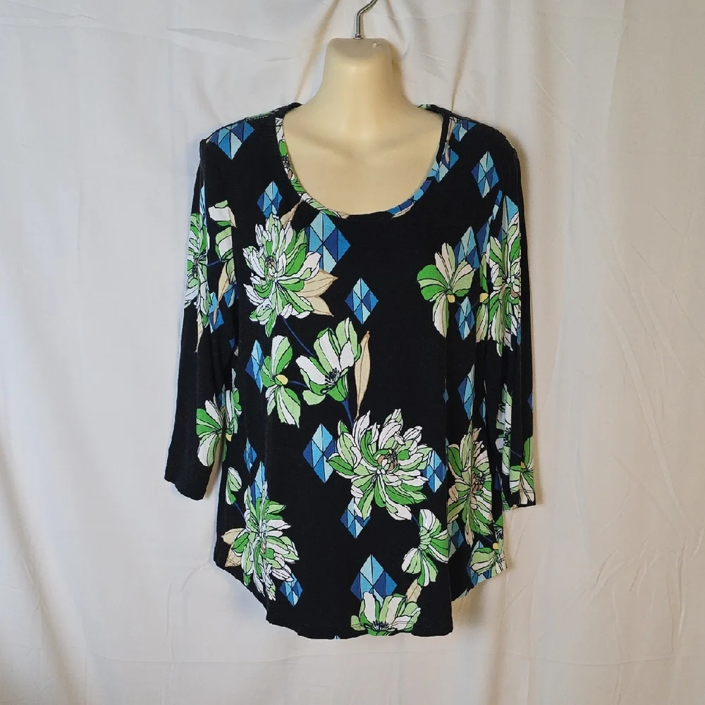 JM Collection Black and Blue Floral Blouse - Picture 1 of 5